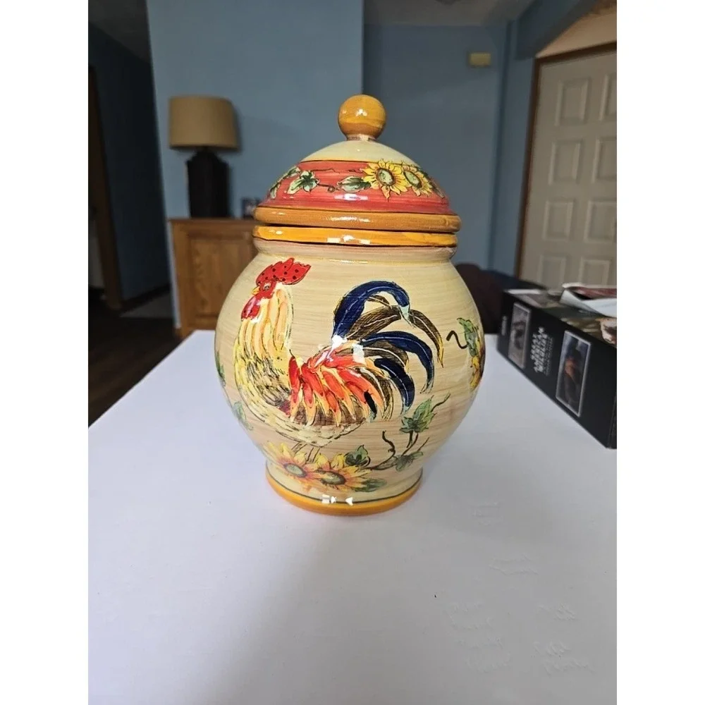 Gallo Ceramic Rooster and Sunflower Canister Jar with Lid Farmhouse Decor